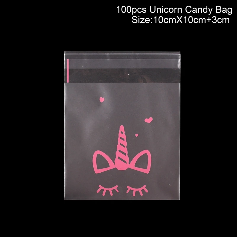 plastic bag 100pcs QIFU Подарочный мешочек Единорог бумажные сумки с ручками Крафт бумажный мешок подарочная сумка попкорн коробка Свадебная коробочка для сладостей единорог украшение для вечеринки - Цвет: plastic bag 100pcs