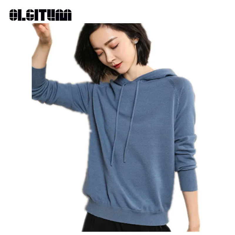 

New Fashion 2020 Autumn Winter Cashmere Sweater Women Solid Hooded Wool Sweater Long Sleeve Knit Sweater Femme SW822