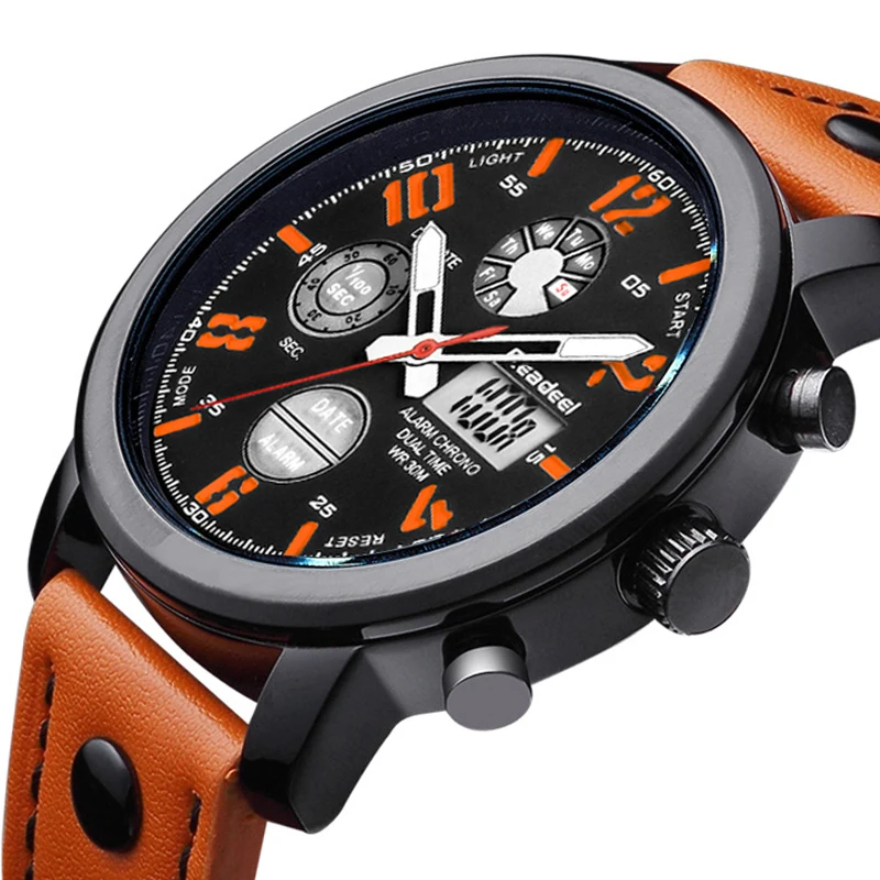 Luxury Brand Quartz Men Sport Watches Dual Display Led Digital Watch Genuine Leather Clock Male Waterproof Man Wristwatches