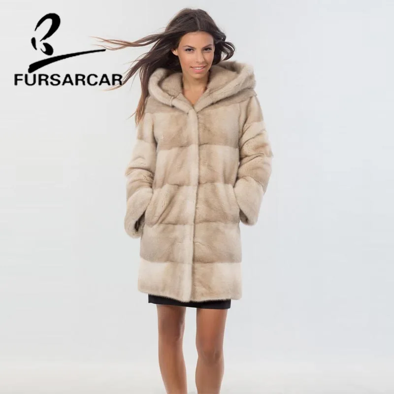 Женская Шуба из меха норки FURSARCAR зимняя шуба с капюшоном в английском стиле