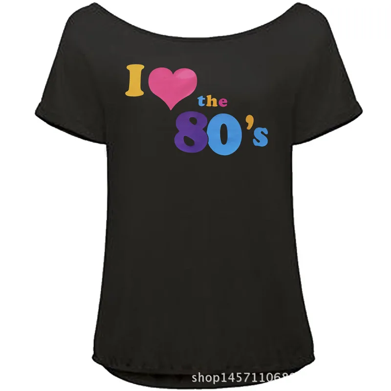 Майка На Одно Плечо Любовь 80s Сердце Принт Футболка Женщина На Одно Плечо Туника Повседневный Милое Оверсайз Винтаж Ретро Футболка Глубокий Вырез Праздничное Вечеринка Подруги Танцевать Персональный Футболка - Цвет: party t shirt