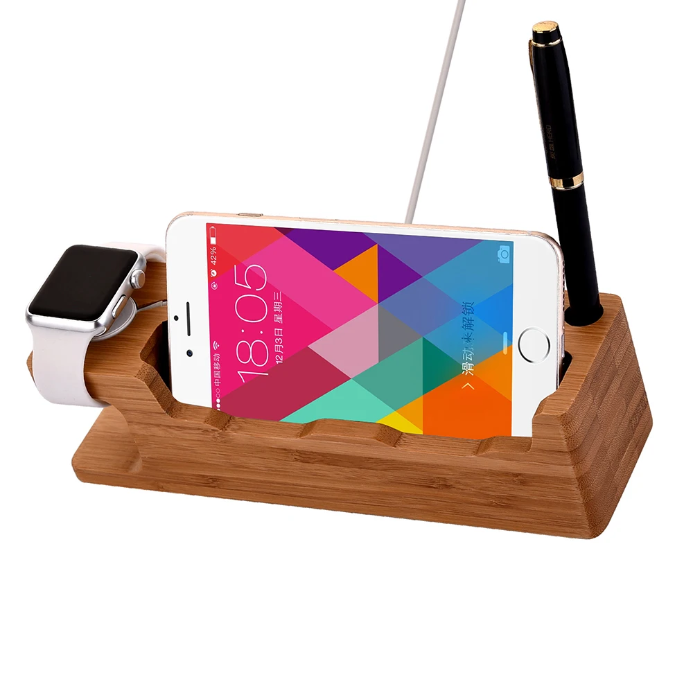 fulaikate bamboo wood charging stand for iphone desk holder for ipad docking station tablet pc mobile phone pen card slot free global shipping