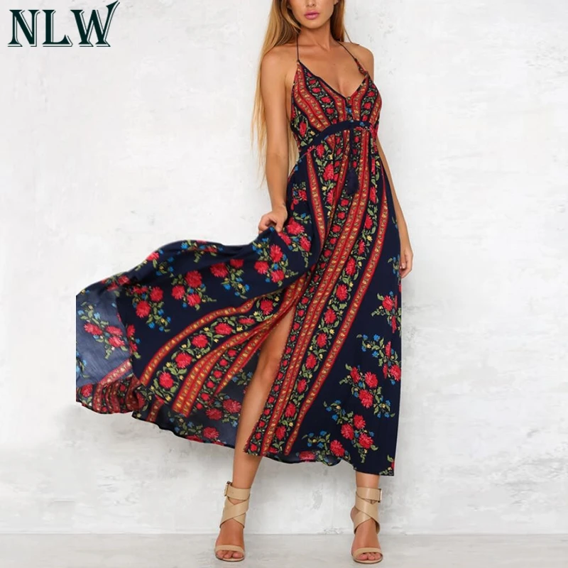 NLW Boho печати Макси платье с v-образным вырезом Холтер женское летнее длинное 2018