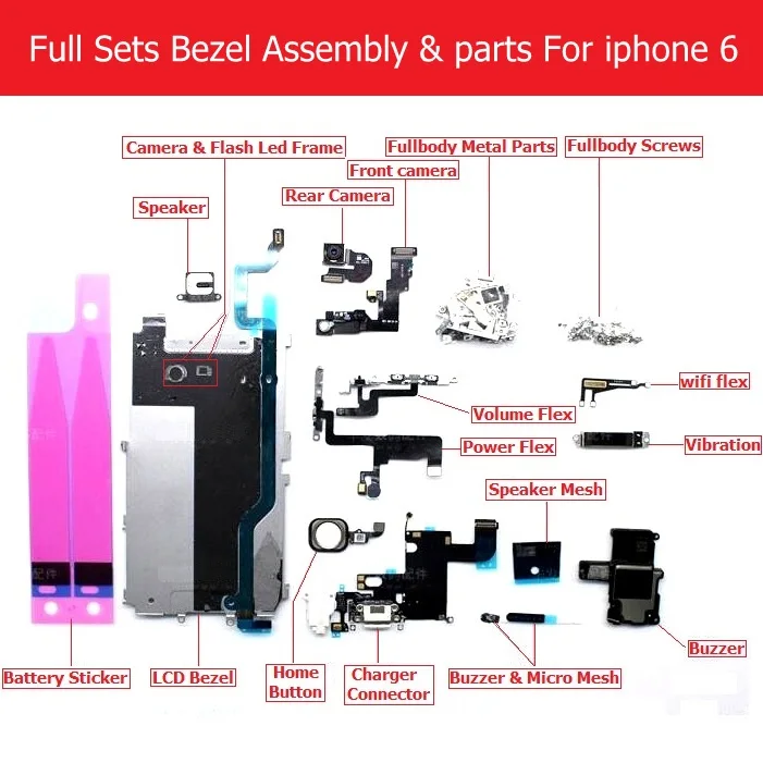 Полный набор ободок в сборе для iPhone 6 6p 6s 6s p Зарядное устройство usb/lcd ободок/камера/динамик/вибрация/винт/кронштейн/зуммер/wifi запчасти