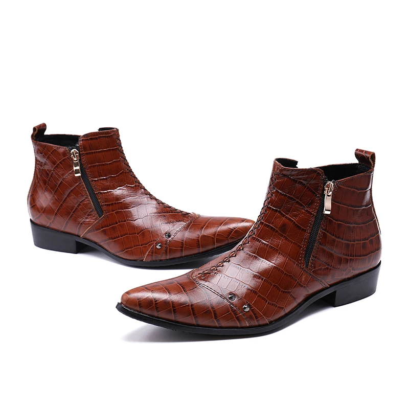 Fashion Men Dress Shoes Genuine Leather Rivets Studded Ankle Boots Pointed Toe Men's Double Zipper Military Cowboy Boot | Обувь