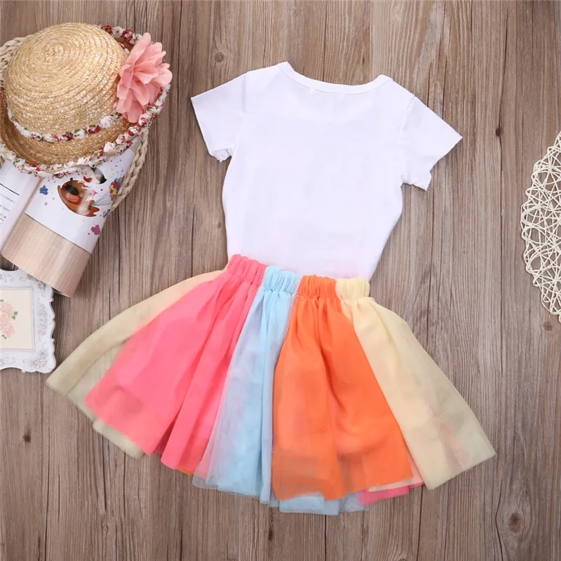 

New Arrival Clothes Summer Baby Kids Girls Outfits Letter Short Sleeve Tops Rainbow Tassel Skirt Tutu 2Pcs Outfits Set For 1-6Y