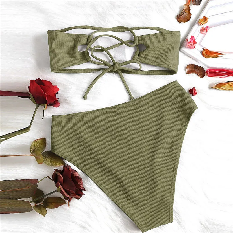 Женский однотонный раздельный купальник бюстгальтер без бретелек с открытыми