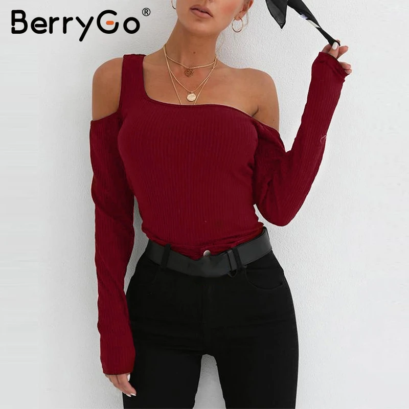 BerryGo с открытыми плечами красный вязаный женский свитер 2018 длинный рукав
