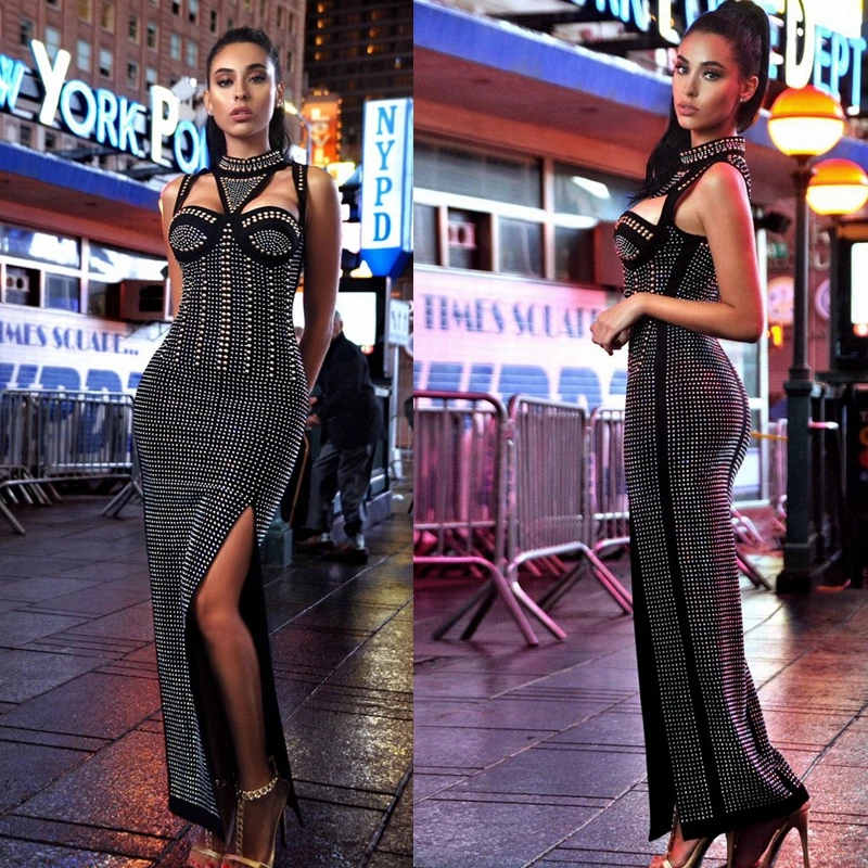 Элегантные модные 2017 сексуальные летние черные белые длинные бриллианты платье
