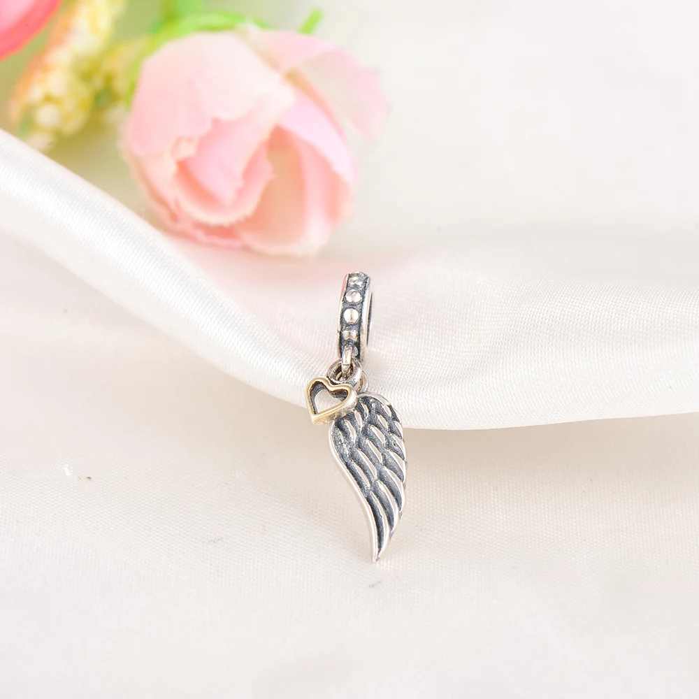Suplush Silver Angle Wing With Gold Color Heart Dangle Charm Beads Fit Bracelet Pendant 925 Sterling Jewelry PSMB0307 |