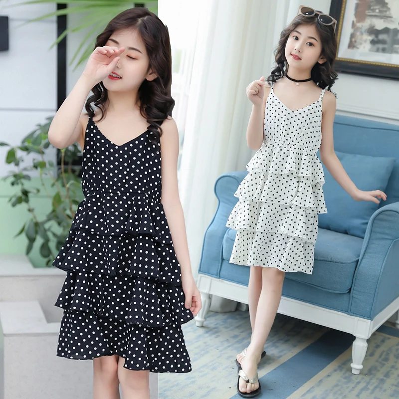 Baby girl polka dot tiered dress summer beach spaghetti strap boho chiffon toddler layered cake kid black white new | Детская одежда и
