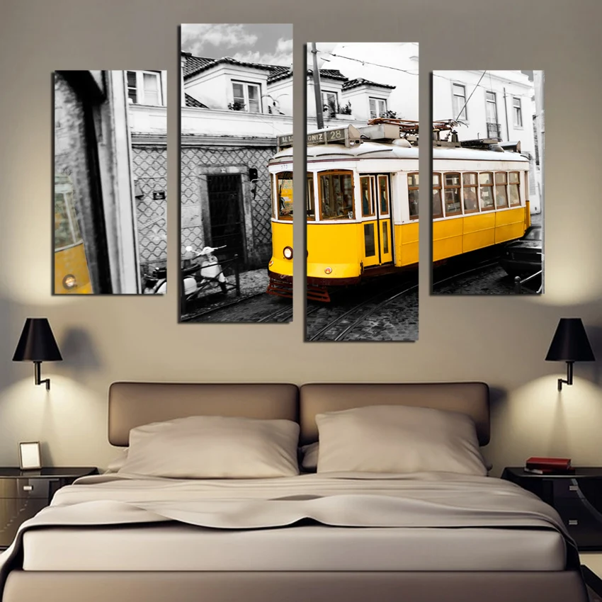 Ретро стиль 4 шт желтый автобус холст печать картина домашний декор уличный