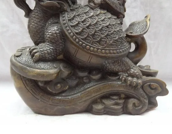 YM 316 8&quot Chinese Bronze Animals FengShui Dragon Turtle Statue On YuanBao Coin RuYi | Дом и сад