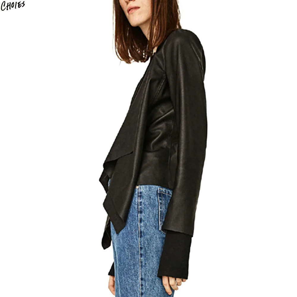 2 цвета искусственная кожа водопад спереди широкий отворот куртка осень для