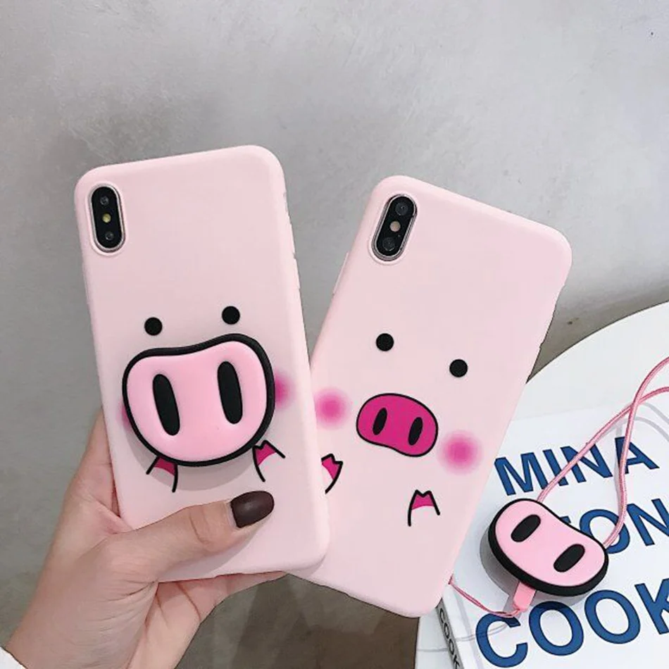 Fashion Cartoon Lovely Pig Phone Case For iPhone 7 8 6 6s Plus XS MAX XR X Cute Nose Lanyard Soft TPU Cover Coque Fonda |
