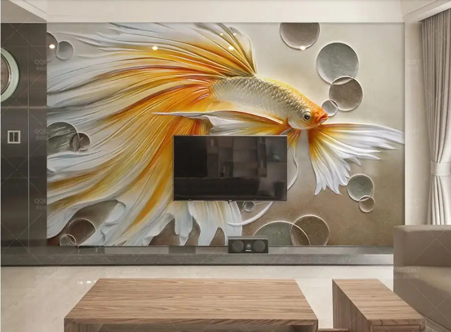 Пользовательские гостиной росписи 3d фото обои золотой рельеф Золотая рыбка