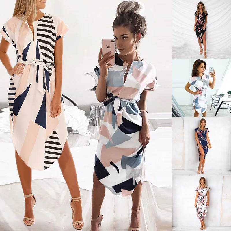 2018 summer dress fashion print elegance cute chain V neck sexy slim sheath women's dress. | Женская одежда