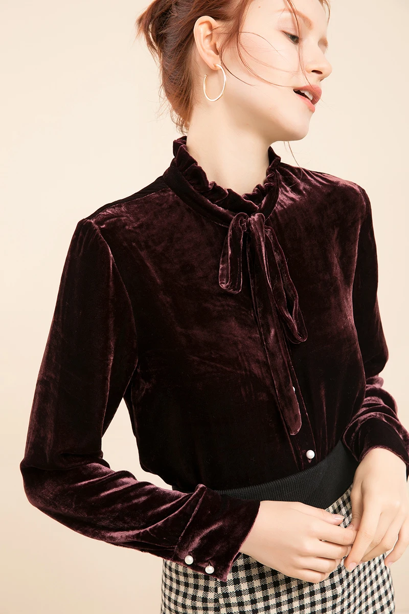 Silk Velour 2018 Shirt OL Mulberry Top Women Long Sleeve Winter Blouses M/L/XL FREE SHIPPING |