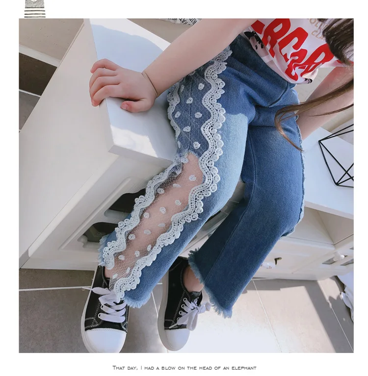 

2019 children clothing summer new kids girls Fashion lace stitching jeans girl denim casual pants
