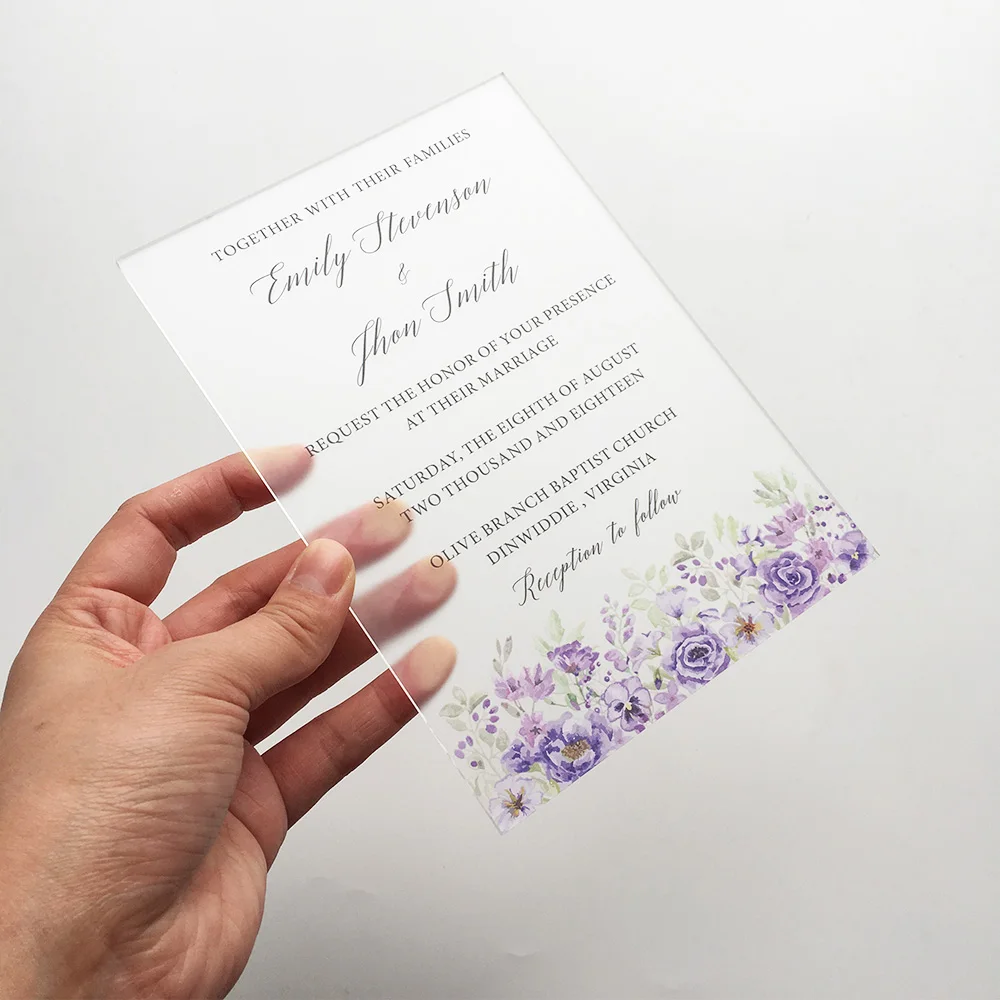 

20 Pieces Per Lot Purple Floral Watercolor Style 5x7inch Frosted Acrylic Wedding Invitation Card