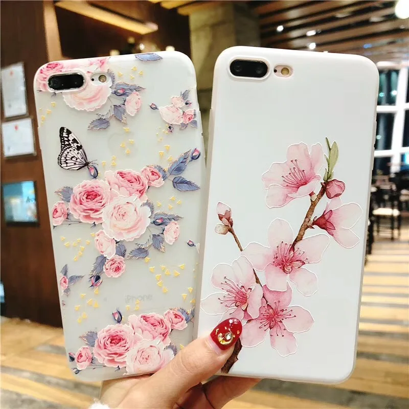 Boucho Ultra-thin Soft Silicone Case For iphone X 6 6s 7 8 Plus Lovely Relief Flower Floral Butterfly Pattern Phone Cases |