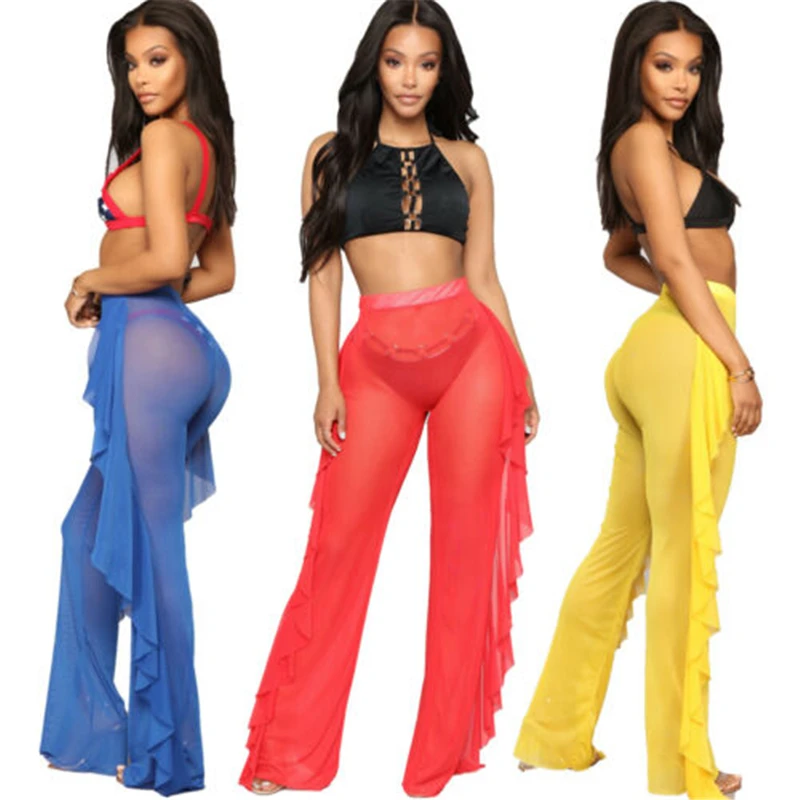 

2019 Summer Ruffles Swim pants Women Solid Beach Mesh Sheer Bikini Cover Up Swimwear Bathing Suit Pant Trousers