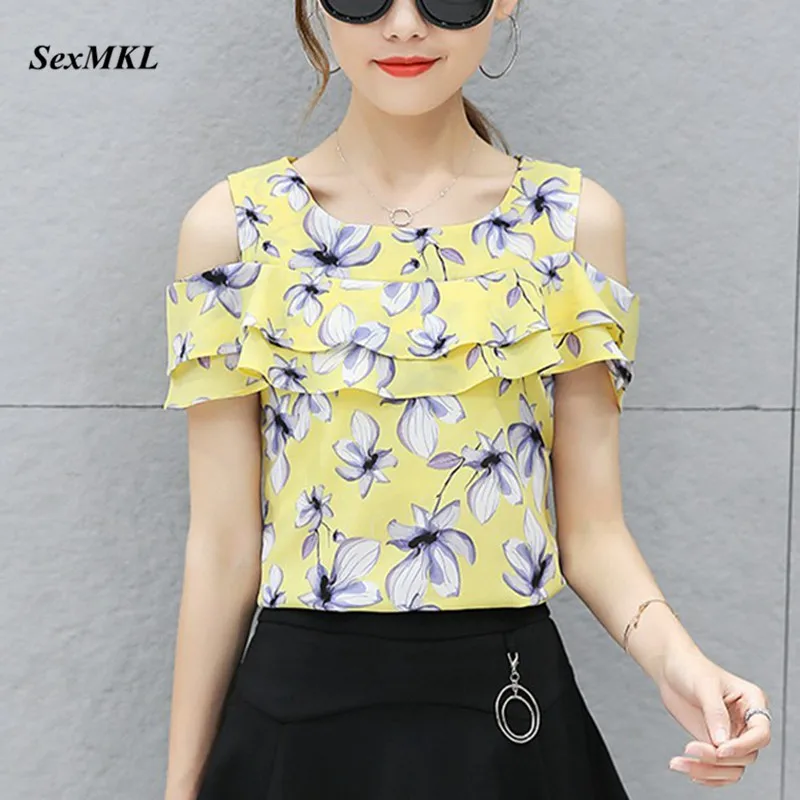 

SEXMKL Women Summer Floral Printed Blouse 2020 Casual Off Shoulder Top Korean Sexy Ladies Tops Chiffon Shirt Blusas Mujer