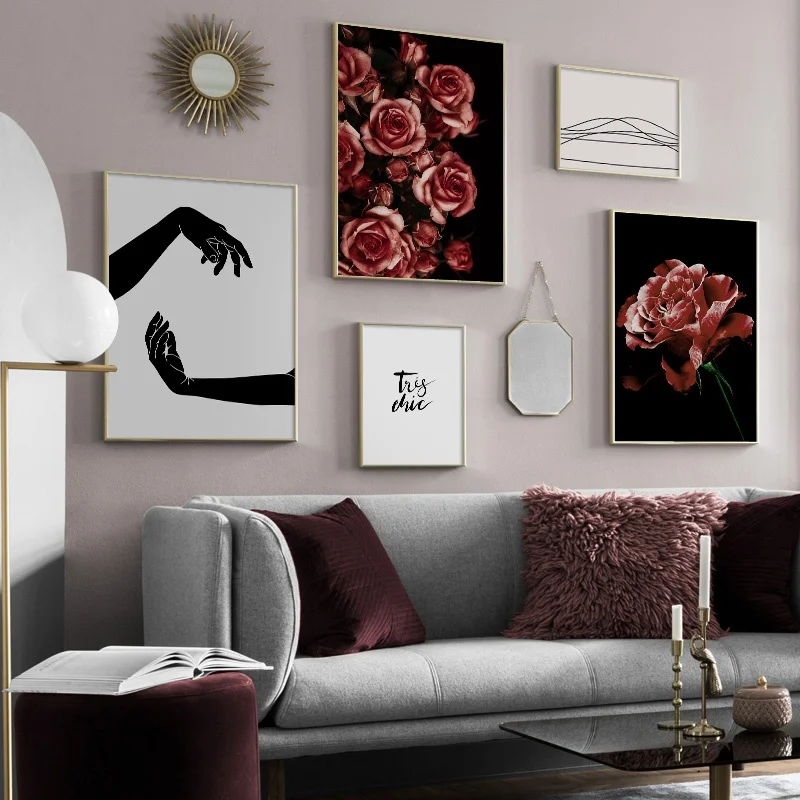 abstract Hand Rose peony Line Curve Quote Nordic Posters And Prints Wall Art Canvas Painting Pictures For Living Room Decor | Дом и сад