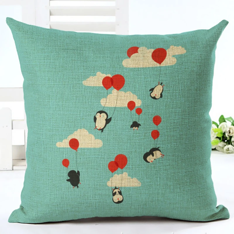 Наволочка для декоративных подушек из хлопка и льна с принтом пингвинов