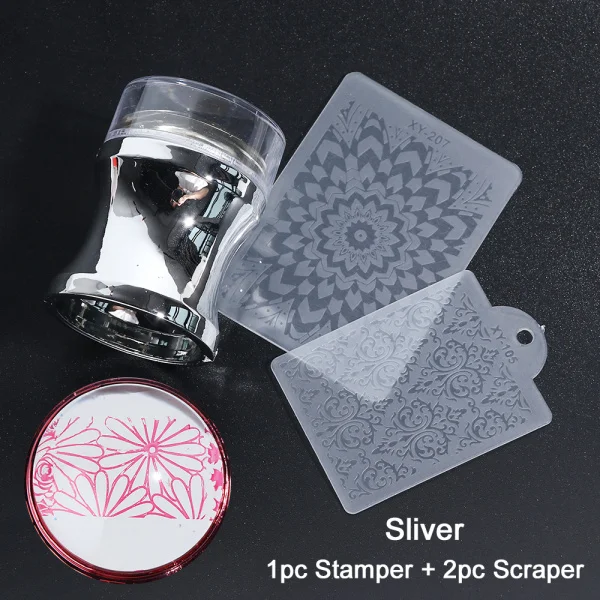 Sliver 3 шт Желейный силиконовый скребок для нейл-арта с крышкой, металлическая ручка, шаблон для ногтей, порошок, изображение, пластина для переноса, набор инструментов LA1033 - Цвет: Sliver