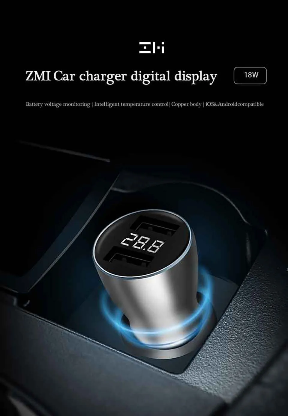 Автомобильное зарядное устройство Xiaomi ZMI, двойной USB, быстрая зарядка 3,0, цифровое напряжение/ток, 5 В/2,4 А, быстрое зарядное устройство, 18 Вт, AP621, для смартфона