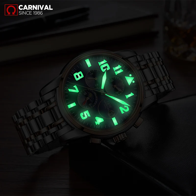 Карнавал пилот смотреть Для мужчин механические наручные часы Moon Phase Сталь