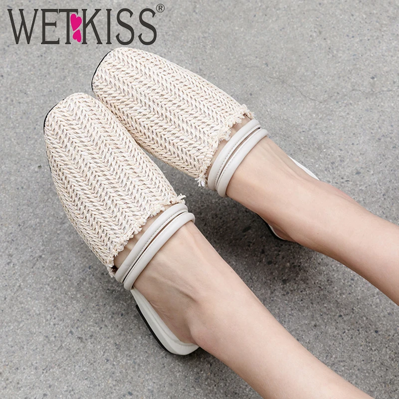Плетеные шлепанцы WETKISS женские с квадратным носком на низком каблуке Пляжная