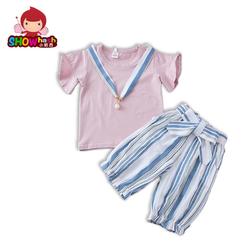 SHOWHASH Summer Baby Girl Clothes Kids Butterfly Short Sleeved Cute Sets T-shirt With Pearl + Stripped Bow Pants XA1002 | Детская одежда