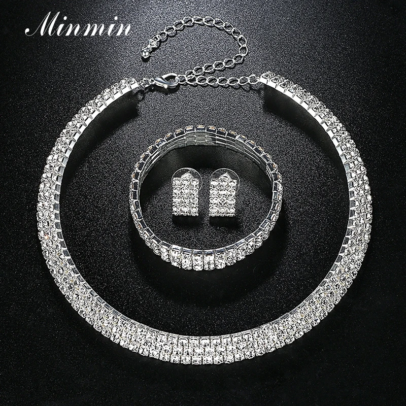 Minmin Стразы Свадебные Ювелирные наборы серебряный цвет кристалл чокер ожерелье
