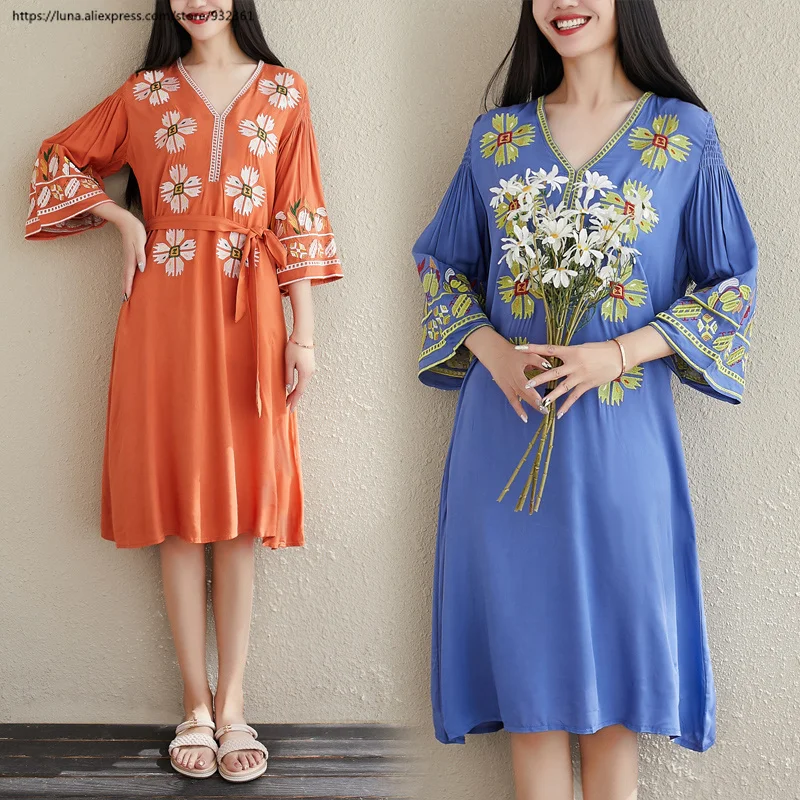 Винтажная Цветочная вышивка блузка длинное платье boho женские платья осень лето