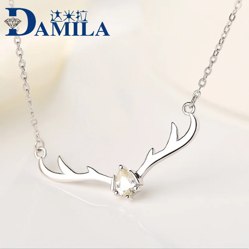

925 Sterling Silver deer pendant necklace Women Antler Horn cubic zirconia Pendants with silver chain necklace Christmas gift