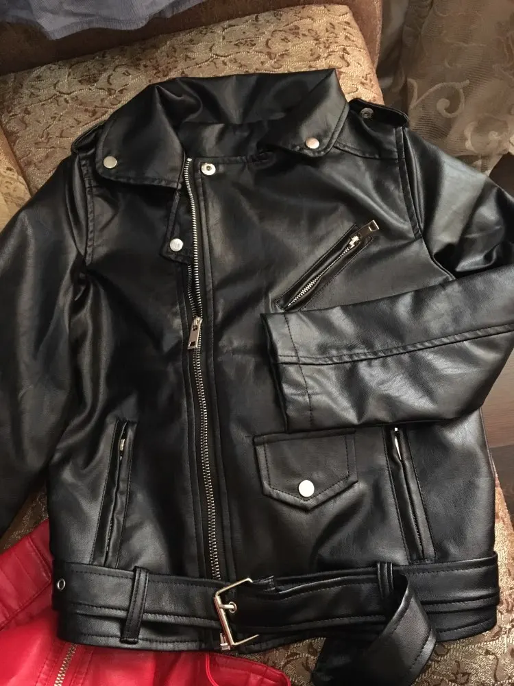 4-13 years old girls faux leather jacket pu coat Long Sleeve Zip Belt Locomotive Jacket 2 color hot versatile Europe and America | Детская