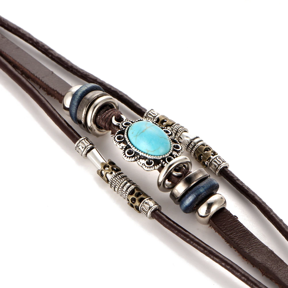 Мужской винтажный браслет IF ME большой голубой камень плетеный кожаный в стиле