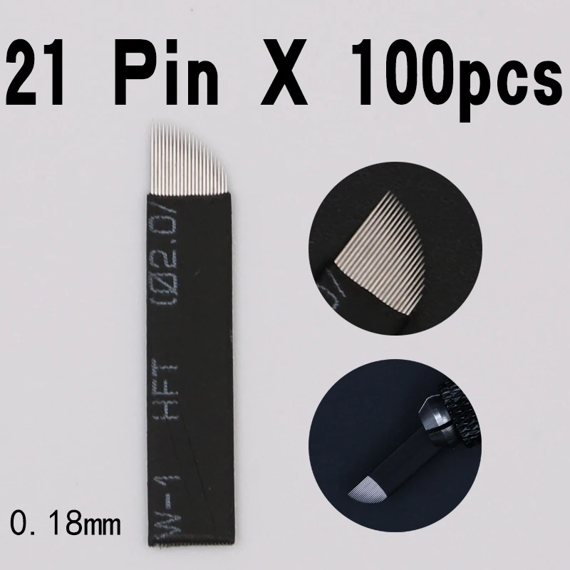 100 шт черный 21 Pin для ручного татуажа бровей Иглы лезвие 3D вышивка микроблейдинг