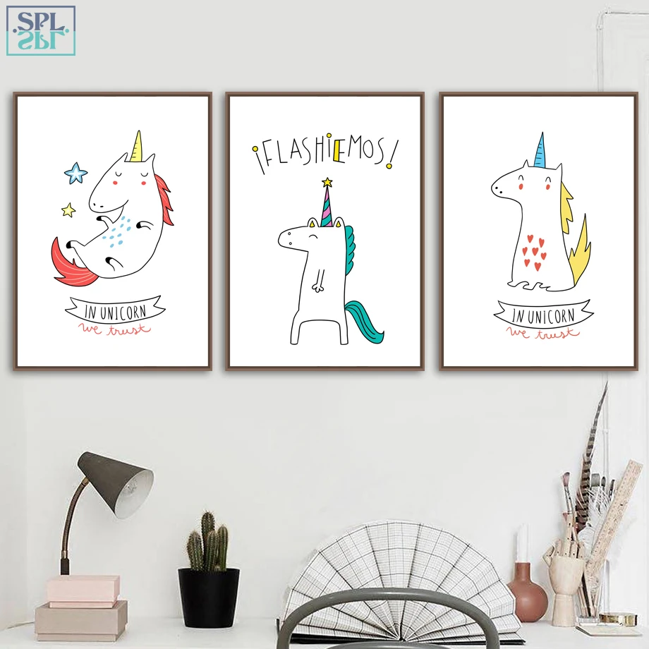

SPLSPL Unicorn Wall Art Canvas Painting Cartoon Posters And Prints Wall Pictures For Living Room Kids Room Decor Unframed