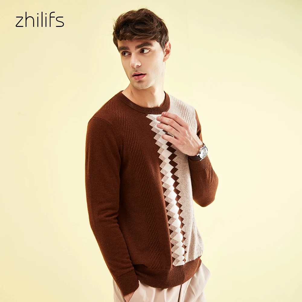 Zhilifs Men's stitching sweater 100% cashmere Diamond pattern casual wear Round neck long sleeve knit 2019 autumn winter | Мужская