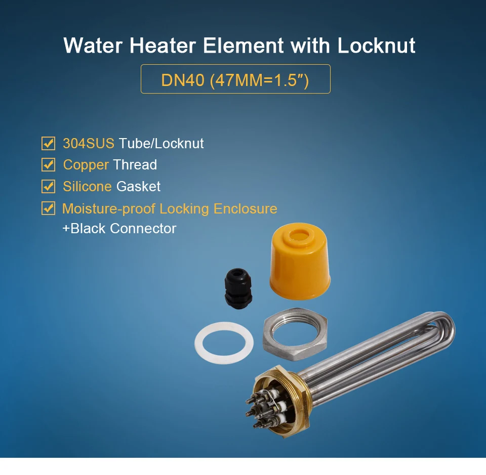 LJXH DN40 Immersion Water Heater Heating Tube 1.5" Thread 220V/380V Power 3KW/4.5KW/6KW/9KW/12KW 304SS with Locknut for Tank