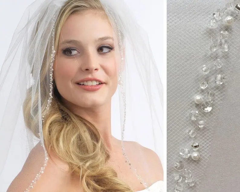 

Pearl Wedding Veil, Crystal Bridal Veil, Beaded Veil, Ivory White Elbow Veil