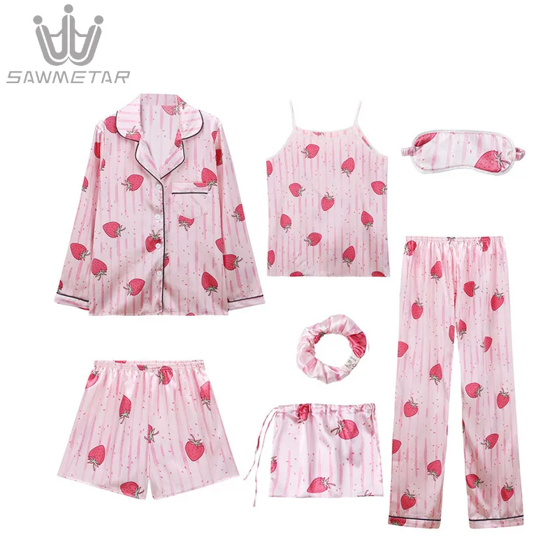 Women's 7Pieces Pajamas Sets Silk Satin Pijama Striped Print Pyjamas Women Long Sleeve Sleepwear Spring Summer Autumn Homewear