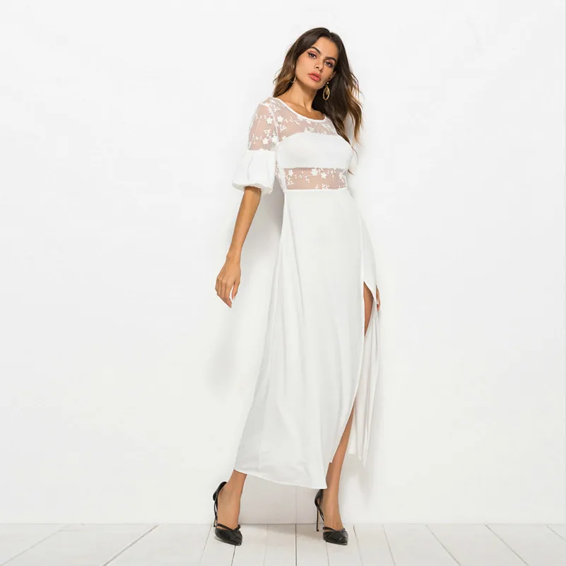 Сексуальный muxu белое кружевное платье Прозрачная Мода vestidos robe femme длинное