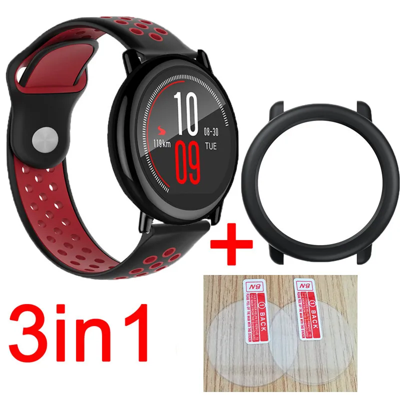 black red-black 3в1 Huami Amazfit Stratos pace ремешок Смарт часы силиконовые полосы браслет ремень для xiaomi Huami Amazfit стекло Защита экрана - Цвет: black red-black