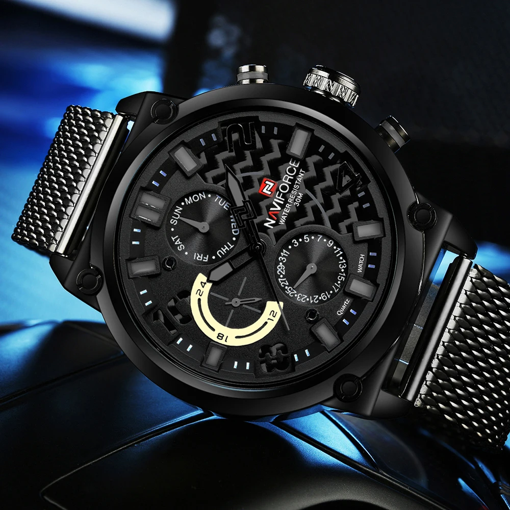 NAVIFORCE мужские часы из нержавеющей стали сетчатый ремешок шесть часов Модные