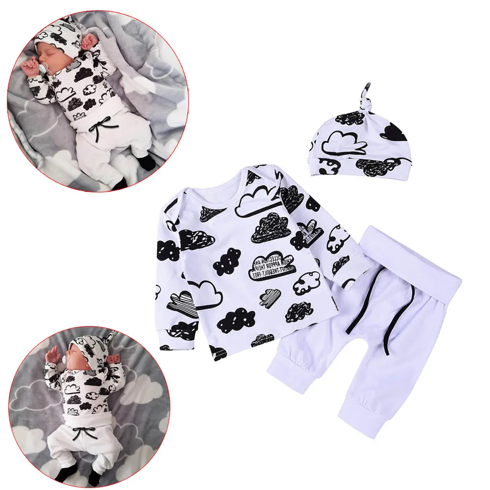 

New Infant Baby Girl Boy Cloud Print T-shirt Tops+Pants+Hat Outfits Clothes Set