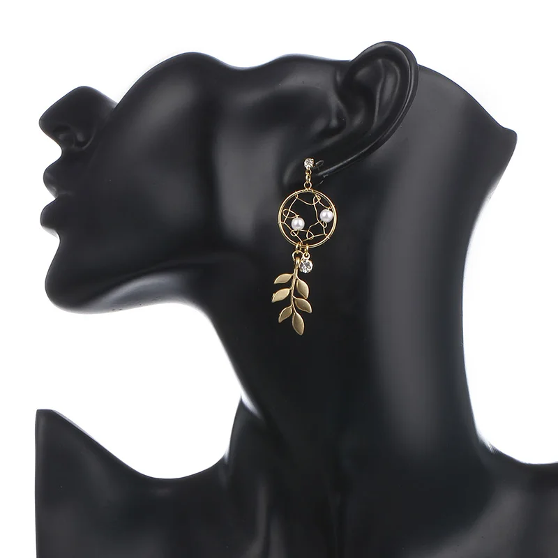 Женские серьги-подвески в виде листьев Ловец снов из сплава с жемчугом и стразами